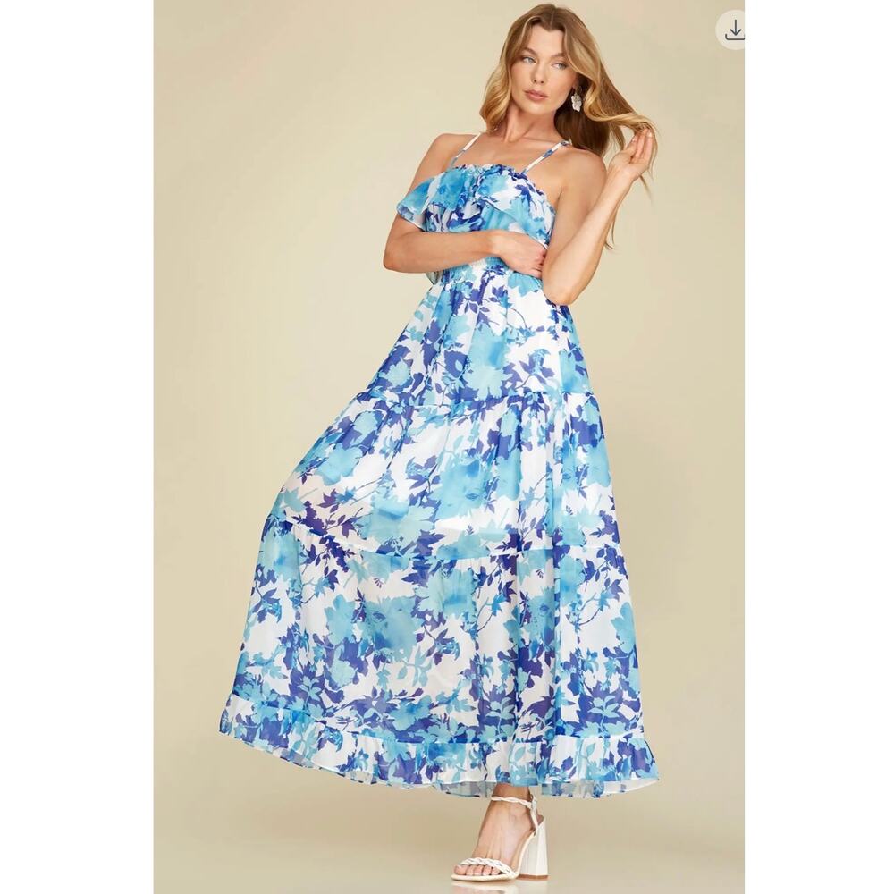 She + Sky - Ruffled Tube Floral Maxi Dress - Medium